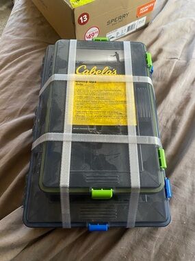 Cabela's Black and Green Stackable Tackle Boxes with Blue Clips